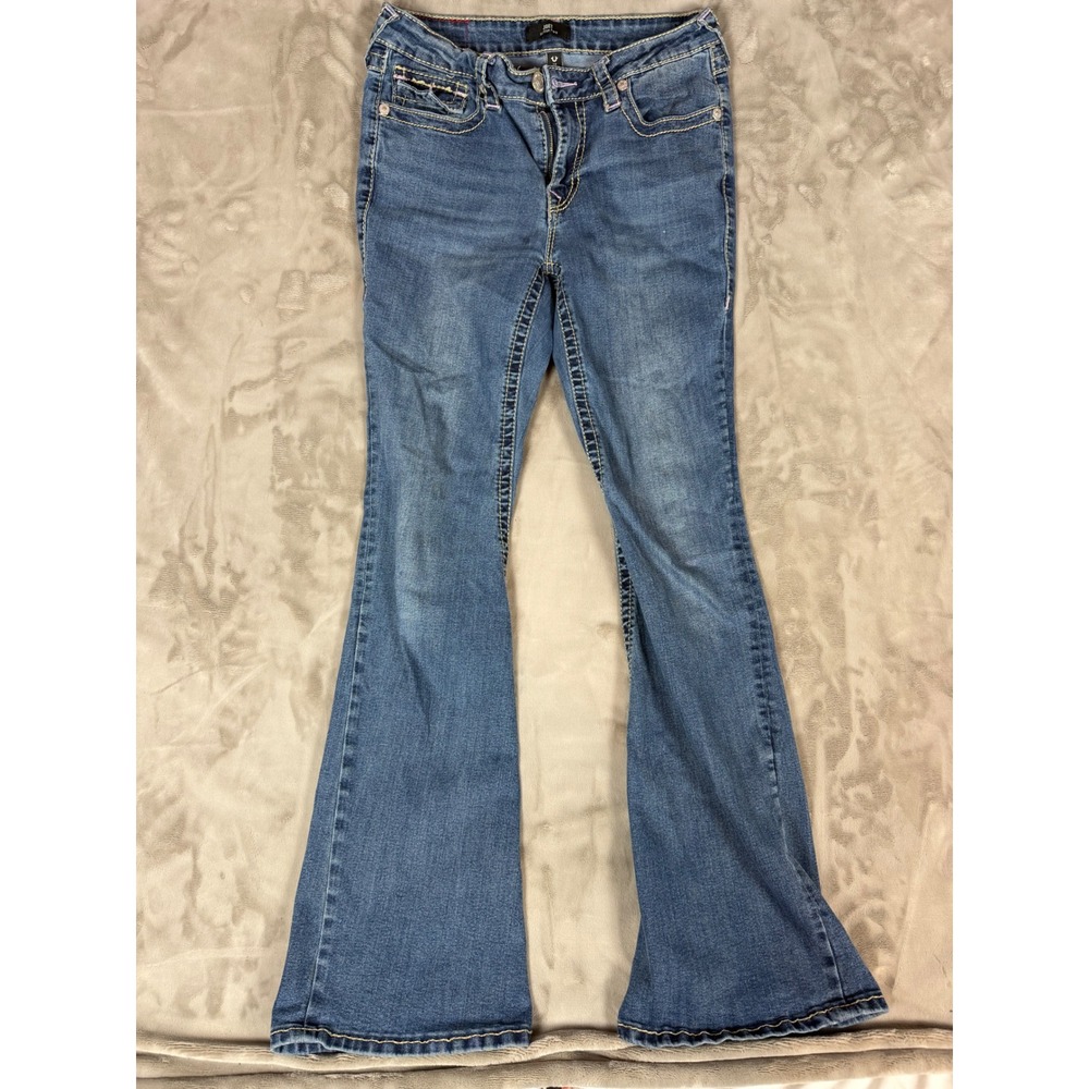 True Religion Joey Big T Mid Rise Flare Jeans Blue Purple Stitch Size 28